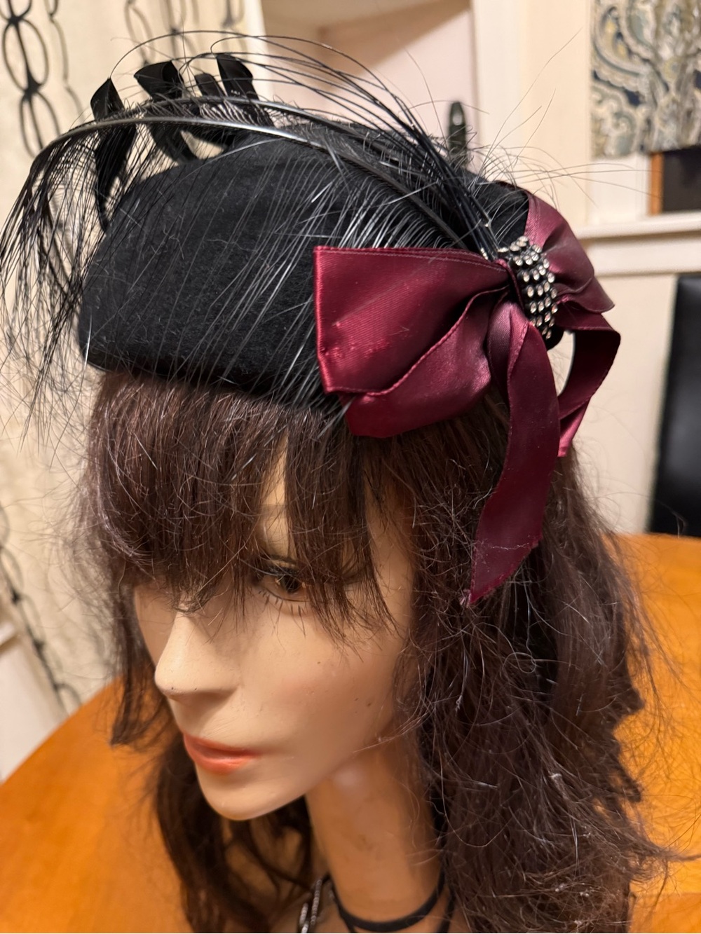 VINTAGE Miss Bierner Michael Howard Black Wool Hat Feather Rhinestone